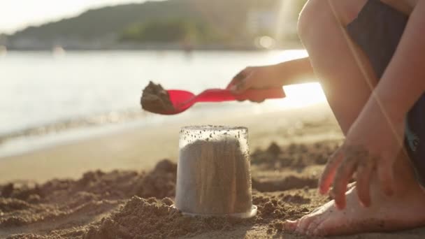 Child Plays Sand Beach Vacation Sea Summer Close Hands Shovel — Wideo stockowe