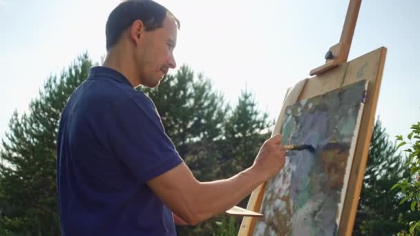 Artist Paints Picture Brush Easel Natural Landscape Inspiration Creativity Art — Stok video