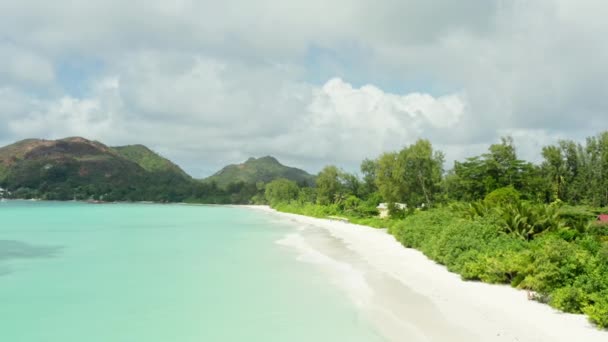 Вид Воздуха Сейшельские Острова Пейзаж Песчаного Пляжа Берегу Пальмами Острове — стоковое видео