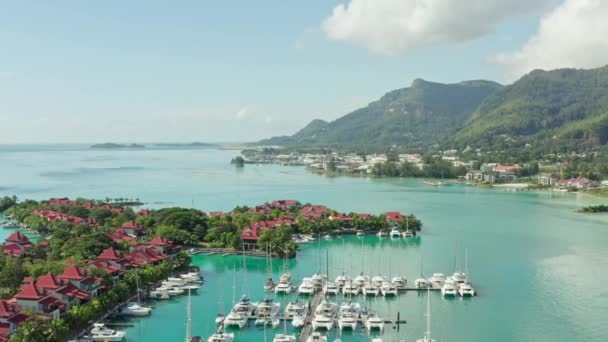 Aerial View Marina Island Mahe Seychelles Yachts Boats Parked Port — Vídeos de Stock