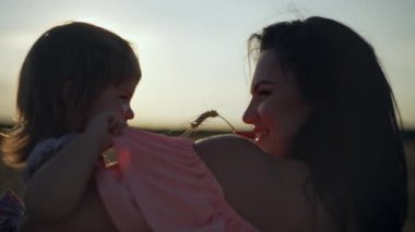 A mother with a daughter in her arms is playing with an ear of wheat. Happy family spending time together in wheat field at sunset. High quality 4k footage