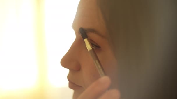 Girl Paints Her Eyebrows Mirror Home Woman Preparing Party Doing — Video Stock