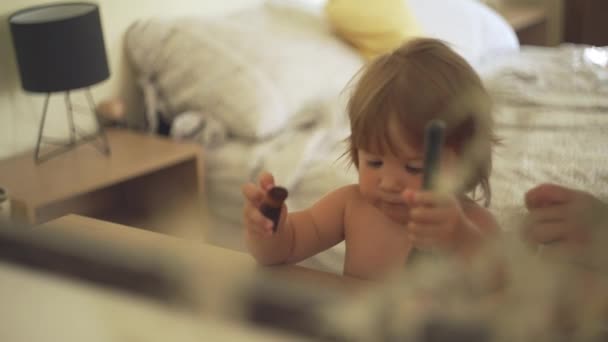 Little Girl Plays Make Bones Melon Powders Her Face Her — Vídeo de stock