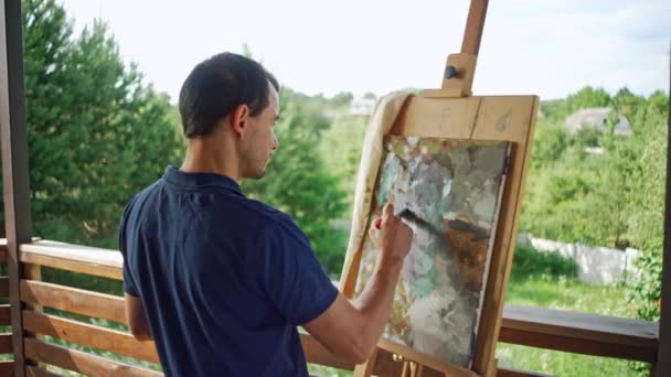 Male Artist Paints Picture Brush Nature Inspiration Creativity Hobbies Beautiful — стоковое видео