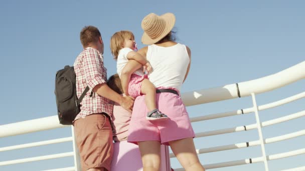 Family Suitcases Waiting Departure Plane Airport Parents Children Which Plane — Vídeo de Stock