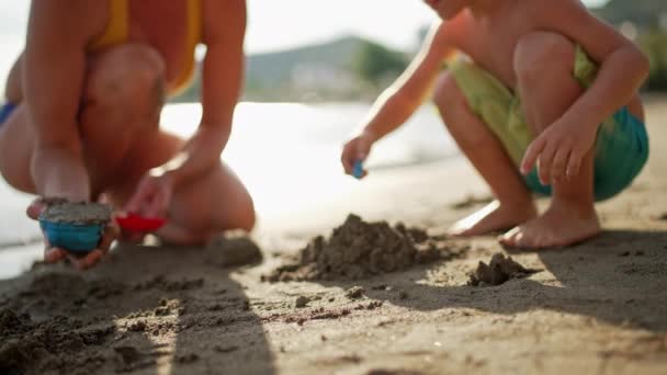 Mother Son Play Toys Beach Sand Happy Seven Times Summer — Stock video