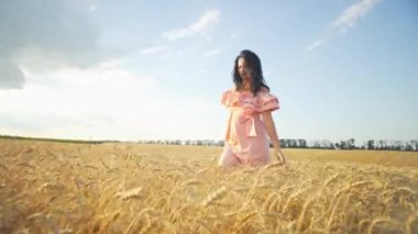 Shyvchyna in a dress strolls through an agro field of wheat. women tenderly touches the golden ears of wheat. Growing bread in the village in the fields. High quality 4k footage