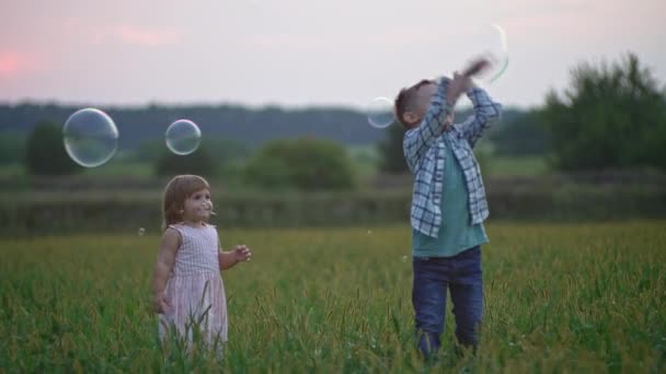 Vídeo Cámara Lenta Niños Reventando Burbujas Jabón Sonriente Alegre Niño — Vídeos de Stock