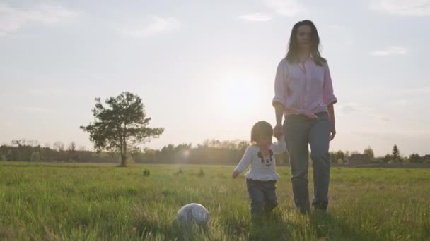 Μητέρα Και Κόρη Κάνουν Μια Βόλτα Κρατώντας Χέρια Οικογένεια Περνάει — Αρχείο Βίντεο