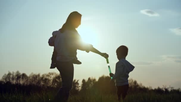 Familie Pustet Seifenblasen Bei Sonnenuntergang Glücklich Lächelnde Kinder Und Mutter — Stockvideo