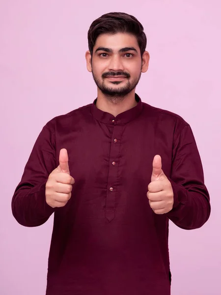 Young Indian Man Wearing Kurta Standing Isolated Background Doing Happy — Stock Photo, Image