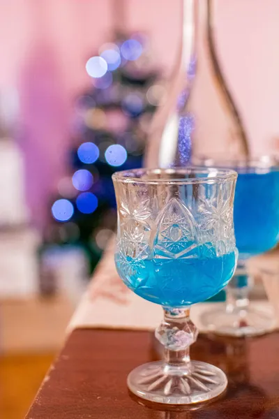 New Year 2022 Champagne Blue Glasses Christmas Tree Background — Stock Photo, Image