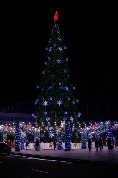 Christmas Abstract Achtergrond Lichte Bokeh Van Kerstboom Nacht Feest Winter — Stockfoto