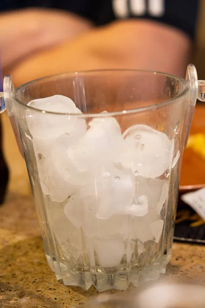 Ice Cubes Glass Beige Background Top View Ice Close — Stok Foto