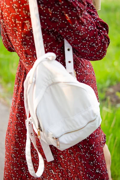 Portrait Happy Young Girl Student Backpack Walking Park — Stockfoto