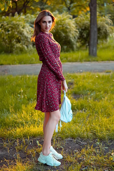 Portrait Happy Young Girl Student Backpack Walking Park — Photo