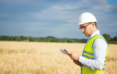 Tarım mühendisi tarlada, çiftçi elinde bir klasörle buğday tarlasında duruyor ve hasadı kontrol ediyor, mühendis tarlada buğdaylı bir tarlada duruyor, tarlada bir tarımcı.