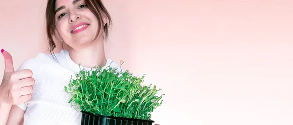 The girl is holding a cardboard box with microgreens. Raw sprouts. Healthy food and diet, vegan lifestyle. Fresh green ingredient, delicious leaves. natural organic bio food. Selected seeds for growth