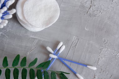 Cotton pads on a gray background, a green branch of a plant on a gray background, the concept of skin cleansing, cosmetics, eco cosmetics, skin care