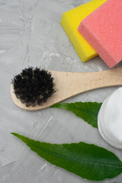 Brush for dry massage of the body, yellow and pink penza for the feet, cotton pads for the face, a green branch on a gray concrete background