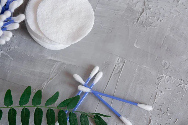 Cotton pads on a gray background, a green branch of a plant on a gray background, the concept of skin cleansing, cosmetics, eco cosmetics, skin care