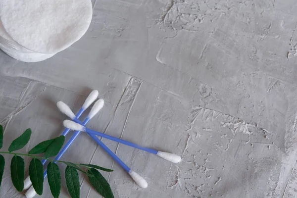Cotton pads on a gray background, a green branch of a plant on a gray background, the concept of skin cleansing, cosmetics, eco cosmetics, skin care