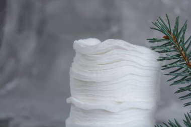 Cotton pads on a gray background, a green spruce branch on a gray background, the concept of skin cleansing, cosmetics, eco cosmetics, skin care