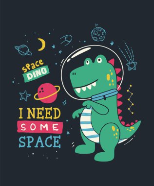 Dinozor astronot uzayda yüzüyor. Vektör klibi resim çizimi 
