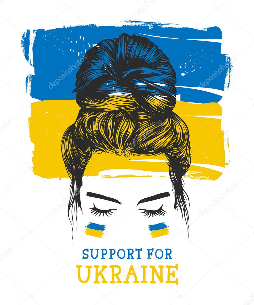 Women messy bun hairstyles, with Ukrainian flag background vector clip art illustration
