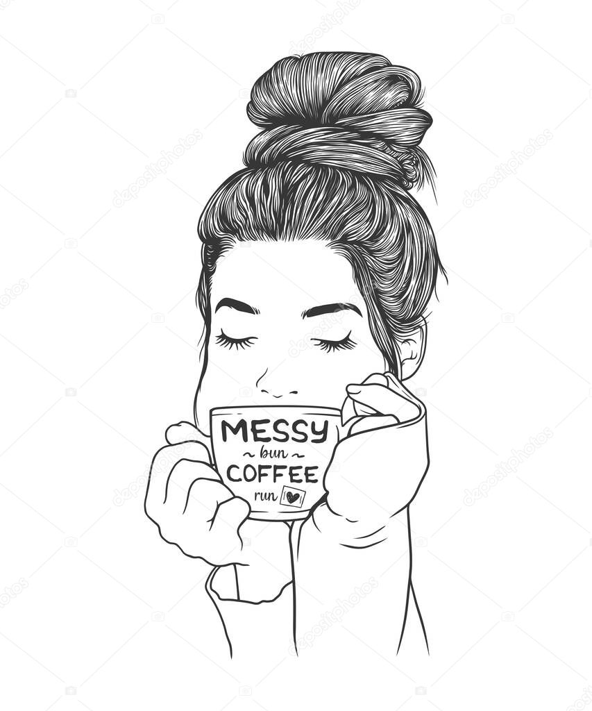 Women with messy bun hairstyles holding a cup of coffee. Black and white vector line art illustration 