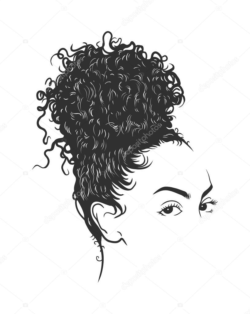 African pretty woman with Afro and bun hairstyle portrait. Silhouette on white background. Vector. Illustration.