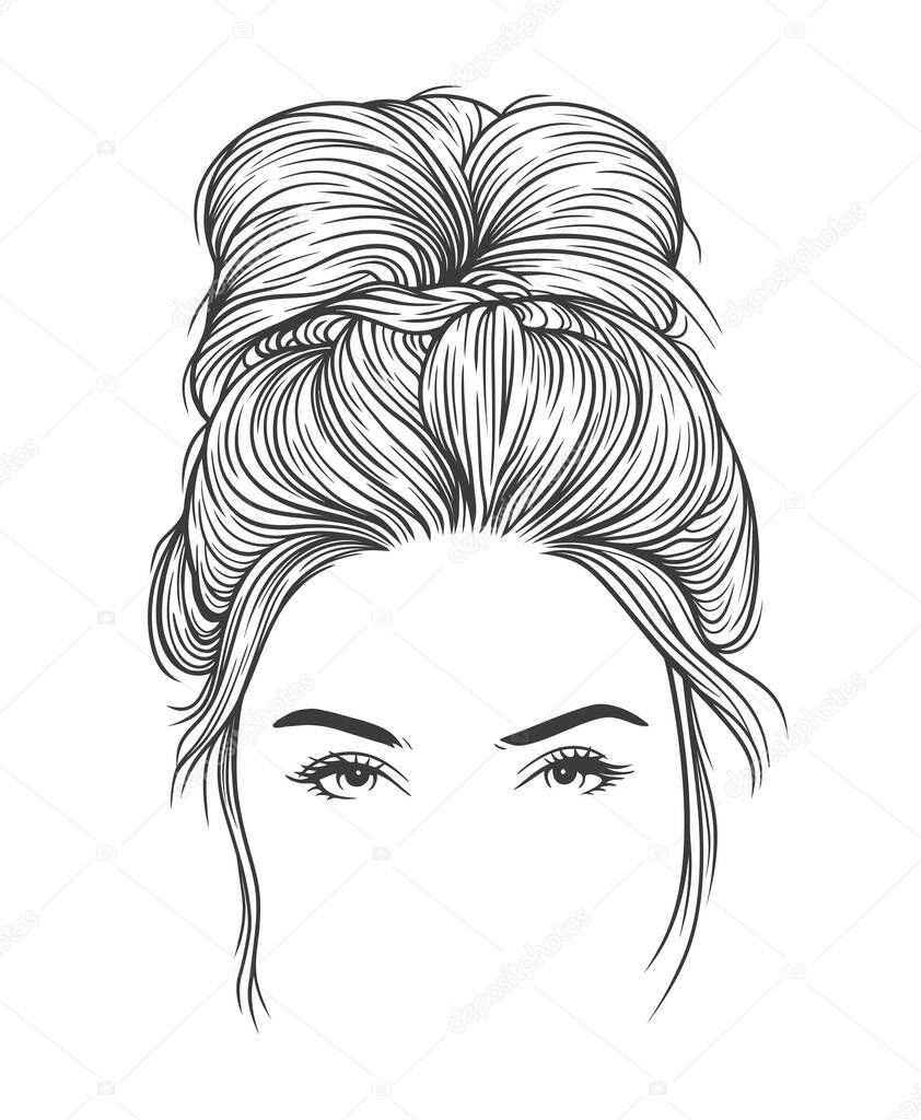 Pretty woman with a messy bun hairstyle. Hand drew vector line art illustration on white background 