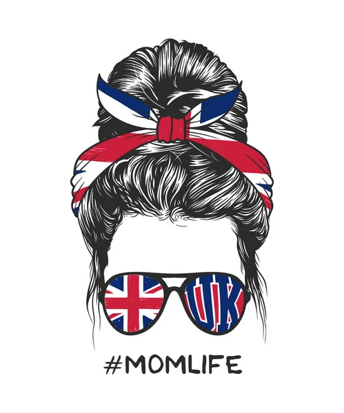 Frauen Unordentlich Dutt Frisuren Tragen Britische Flagge Sonnenbrille Vektor Linie — Stockvektor