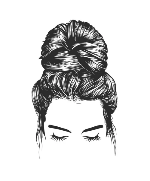 Women Messy Bun Hairstyles Vector Line Art Illustration — Stock Vector