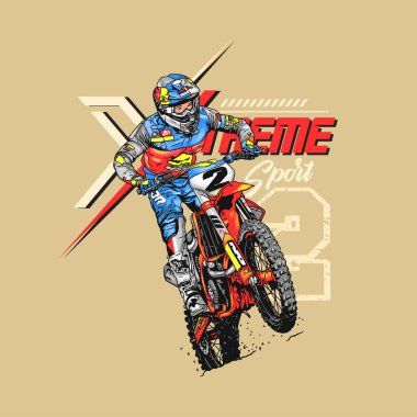Motokros ekstrem spor binicisi, t-shirt ve poster için vektör çizimi