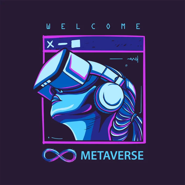 Hoşgeldiniz Metaverse fütürist vektör logosu, modern renkli poster illüstrasyonu