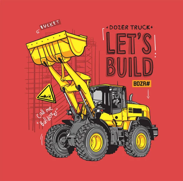 Bulldozer Truck Aan Het Werk Vector Cartoon Illustratie — Stockvector