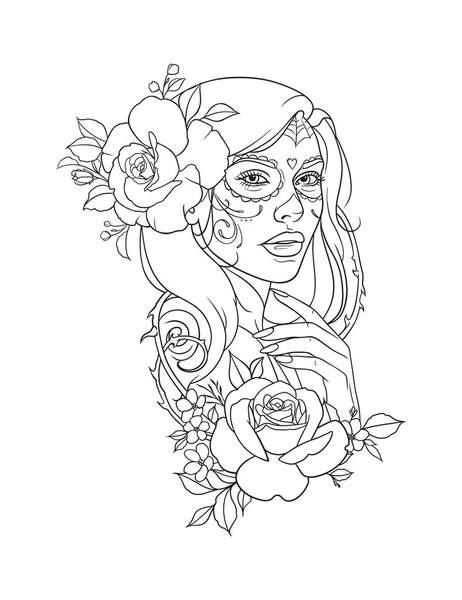 花の要素で飾られた長い髪を持つ女性のイラスト 黒と白 抗ストレス 大人用ぬり絵 — ストックベクタ