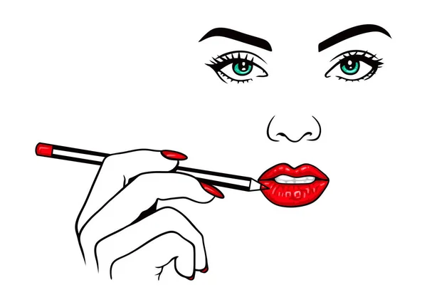 Mooie Vrouw Die Lippenstift Aanbrengt Rode Lippen Potlood Schoonheidsvector Illustratie — Stockvector
