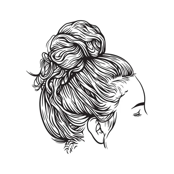 Women Messy Bun Hairstyle Line Art Vector Illustration — Stock Vector