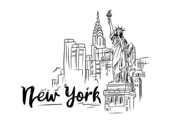 New York Standbeeld Van Liberty Vector Met Hand Getekend Illustratie — Stockvector