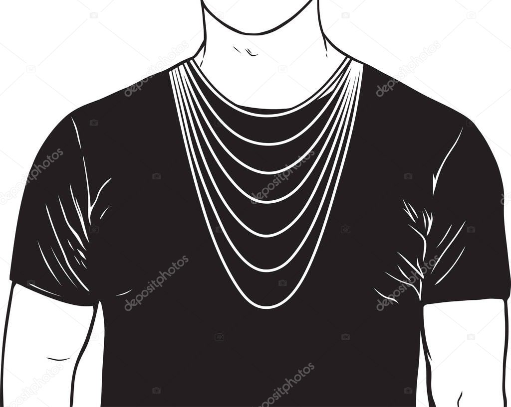 Necklace size chart with a silhouette of a man. Demonstration of long necklaces.