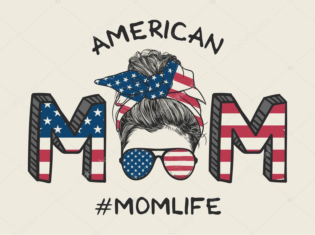 Mom life with messy bun hairstyle with American flag headband and glasses hand drawn vector illustration 