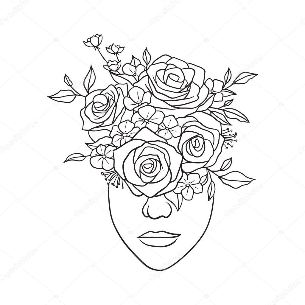 Girl with flowers in her hairline art vector. Flowers in woman headline draw. Minimalist abstract female print