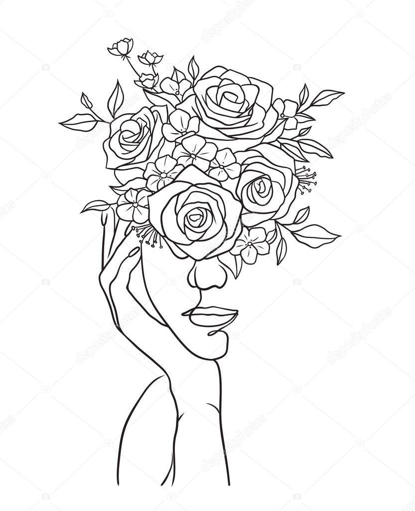 Beautiful woman face with flowers black and white illustration on white background