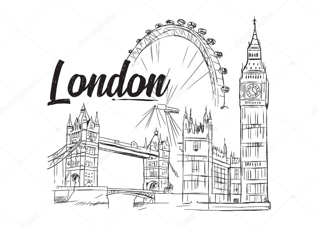London cityscape. Hand drawn vector line art illustration
