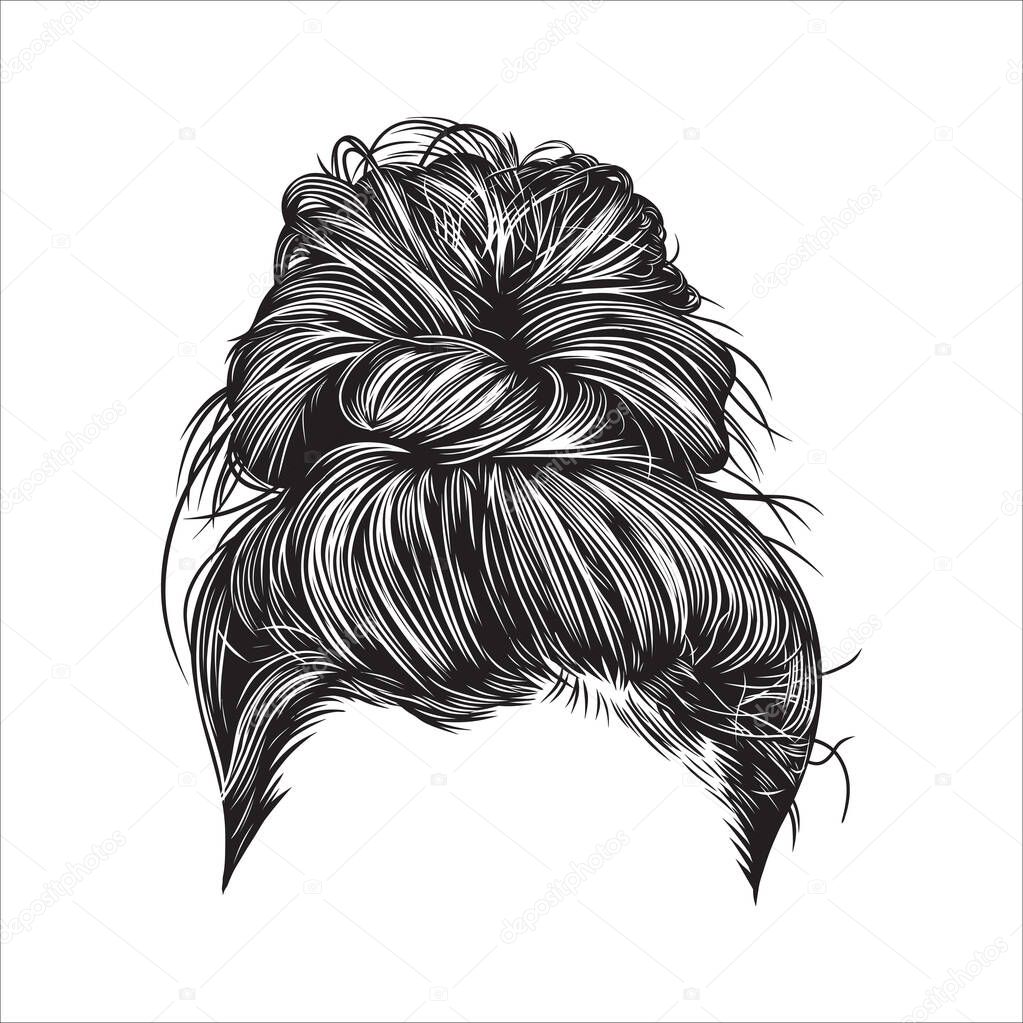 Messy bun hairstyles, vector line art illustration