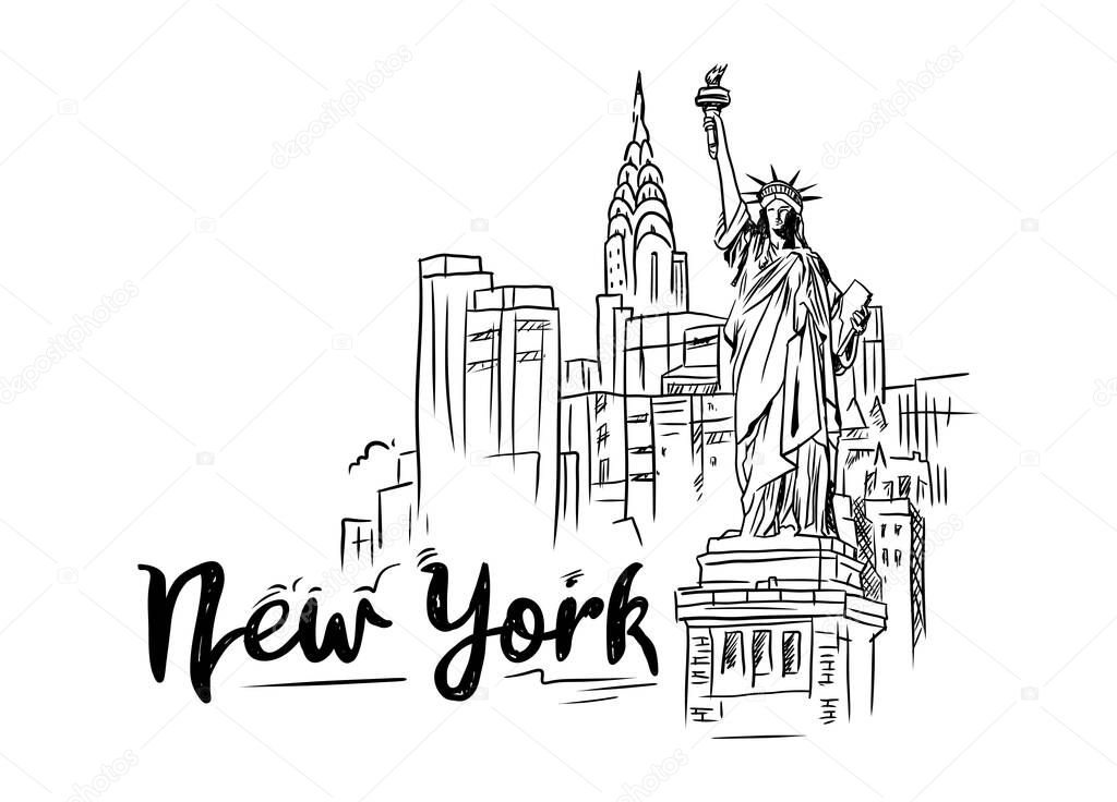 New York statue of Liberty vector hand-drawn illustration.