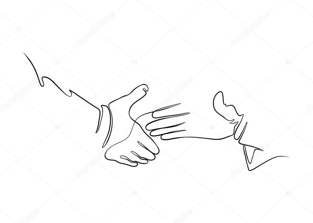 two hands come close to shake hands to cooperate, one line contagious line vector illustration 