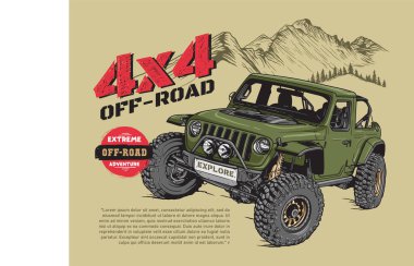 Kayalık dağ arka planına sahip off-road cipi elle çizilmiş vektör çizimi